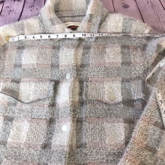 Anthropologie Pilcro Eliza Cream Plaid Sweater Longline Jacket Coat Shacket L - Picture 6 of 12